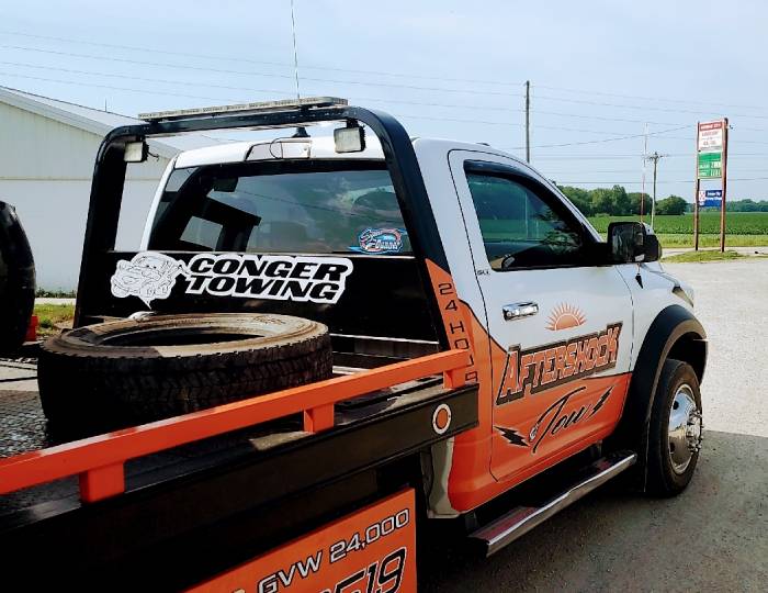 Aftershock Tow wrecker parked and ready for roadside calls